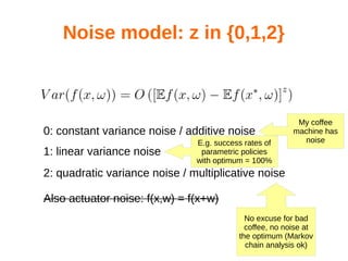 Noise model: z in {0,1,2}
0: constant variance noise / additive noise
1: linear variance noise
2: quadratic variance noise / multiplicative noise
Also actuator noise: f(x,w) = f(x+w)
My coffee
machine has
noise
No excuse for bad
coffee, no noise at
the optimum (Markov
chain analysis ok)
E.g. success rates of
parametric policies
with optimum = 100%
 