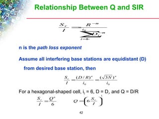 Relationship Between Q and SIR 
n 
å= - 
S 
n is the path loss exponent 
Assume all interfering base stations are equidistant (D) 
from desired base station, then 
S n n 
N 
D R 
( / ) ( 3 ) 
i 
r = = 
For a hexagonal-shaped cell, i0 = 6, D = Di, and Q = D/R 
S = Q =æ 
S 
n 
42 
- 
= 
0 
1 
i 
i 
n 
i 
r 
D 
R 
I 
0 0 
i 
I 
n 
r Q 
I 
6 
r 
ö I 
çè 
1 
6 ÷ø 
 
