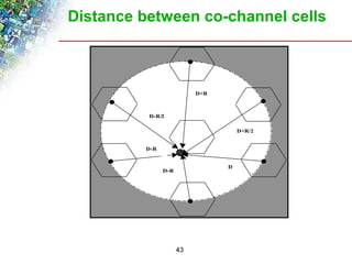 Distance between co-channel cells 
43 
D 
D-R/2 
D-R 
D-R 
D+R 
D+R/2 
 