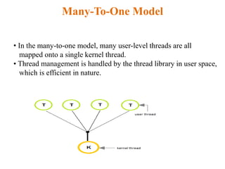Many-To-One Model
• In the many-to-one model, many user-level threads are all
mapped onto a single kernel thread.
• Thread management is handled by the thread library in user space,
which is efficient in nature.
 