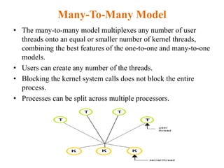Many-To-Many Model
• The many-to-many model multiplexes any number of user
threads onto an equal or smaller number of kernel threads,
combining the best features of the one-to-one and many-to-one
models.
• Users can create any number of the threads.
• Blocking the kernel system calls does not block the entire
process.
• Processes can be split across multiple processors.
 