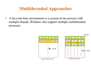 Multithreaded Approaches
• A Java run-time environment is a system of one process with
multiple threads; Windows also support multiple multithreaded
processes
 