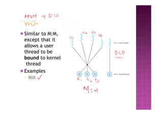 ◉ Similar to M:M,
except that it
allows a user
thread to be
bound to kernel
thread
◉ Examples
▪ IRIX
 