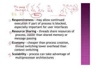 Responsiveness – may allow continued
execution if part of process is blocked,
especially important for user interfaces
Resource Sharing – threads share resources of
process, easier than shared memory or
message passing
Economy – cheaper than process creation,
thread switching lower overhead than
context switching
Scalability – process can take advantage of
multiprocessor architectures
 