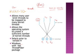 ◉ Allows many user
level threads to
be mapped to
many kernel
threads
◉ Allows the
operating system
to create a
sufficient number
of kernel threads
◉ Solaris prior to
version 9
◉ Windows
with the
ThreadFiber
package
 