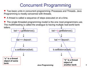 33Java Programming
Concurrent Programming
bal = a.getBalance();
bal += deposit ;
a.setBalance(bal);
bal = b.getBalance();
bal += deposit ;
b.setBalance(bal);
“a” is a thread
object of some
bank
“b” is a thread
object of
another bank
 Two basic units in concurrent programming: Processes and Threads. Java
Programming is mostly concerned with threads.
 A thread is called a sequence of steps executed on at a time.
 The single threaded programming model is the one most programmers use.
The multithreading is called the analogue to having multiple real-world bank
tellers.
 