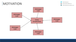 RobinSedlaczek
RobinSedlaczek.wordpress.com
RobinSedlaczek@live.de
MOTIVATION
Abhängiger
Code
Global
Variable/State
Abhängiger
Code
Abhängiger
Code
Abhängiger
Code
Abhängiger
Code
Global
Variable/State
Abhängiger
Code
Abhängiger
Code
Abhängiger
Code
Abhängiger
Code
Abhängiger
Code
 