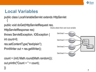 7
Local Variables
public class LocalVariableServlet extends HttpServlet
{
public void doGet(HttpServletRequest req,
HttpServletResponse res)
throws ServletException, IOException {
int count=0;
res.setContentType("text/plain");
PrintWriter out = res.getWriter();
count = (init) Math.round(Math.random());
out.println("Count = " + count);
}}
 