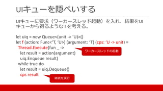 UIキューを隠ぺいする
UIキューに要求（ワーカースレッド起動）を入れ、結果をUI
キューから得るような f を考える。
let uiq = new Queue<(unit -> ‘U)>()
let f (action: Func<‘T, ‘U>) (argument: ‘T) (cps: ‘U -> unit) =
Thread.Execute(fun _ ->
let result = action(argument)
uiq.Enqueue result)
while true do
let result = uiq.Dequeue()
cps result
ワーカースレッドの起動
継続を実行
 