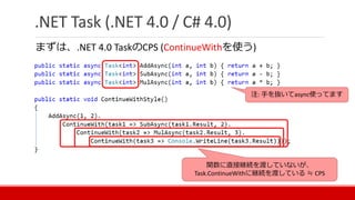 .NET Task (.NET 4.0 / C# 4.0)
まずは、.NET 4.0 TaskのCPS (ContinueWithを使う)
関数に直接継続を渡していないが、
Task.ContinueWithに継続を渡している ≒ CPS
注: 手を抜いてasync使ってます
 