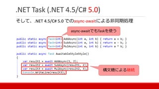 .NET Task (.NET 4.5/C# 5.0)
そして、.NET 4.5/C# 5.0 でのasync-awaitによる非同期処理
構文糖による継続
async-awaitでもTaskを使う
 
