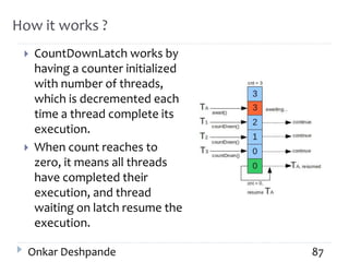 How it works ?
 CountDownLatch works by
having a counter initialized
with number of threads,
which is decremented each
time a thread complete its
execution.
 When count reaches to
zero, it means all threads
have completed their
execution, and thread
waiting on latch resume the
execution.
Onkar Deshpande 87
 