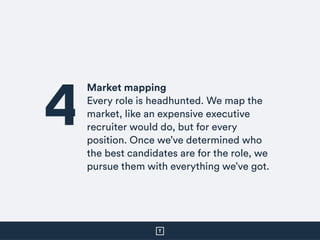 Market mapping
Every role is headhunted. We map the
market, like an expensive executive
recruiter would do, but for every
...