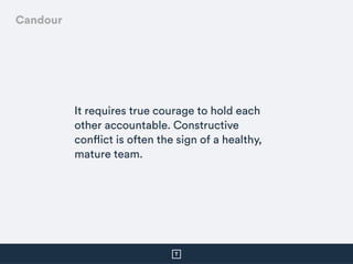 It requires true courage to hold each
other accountable. Constructive
conflict is often the sign of a healthy,
mature team...