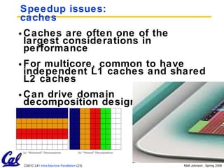 Speedup issues: caches Caches are often one of the largest considerations in performance For multicore, common to have independent L1 caches and shared L2 caches Can drive domain decomposition design 