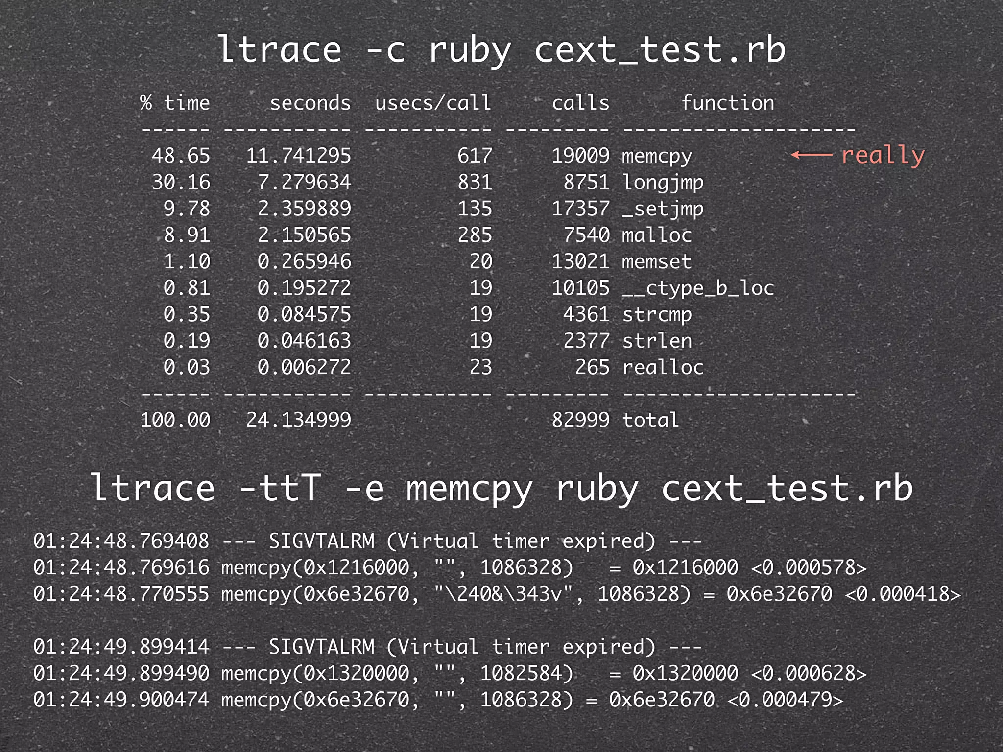 ltrace -c ruby cext_test.rb
         % time     seconds usecs/call      calls       function
         ------ ----------- ----------- --------- --------------------
          48.65   11.741295         617     19009 memcpy             really
          30.16    7.279634         831      8751 longjmp
           9.78    2.359889         135     17357 _setjmp
           8.91    2.150565         285      7540 malloc
           1.10    0.265946          20     13021 memset
           0.81    0.195272          19     10105 __ctype_b_loc
           0.35    0.084575          19      4361 strcmp
           0.19    0.046163          19      2377 strlen
           0.03    0.006272          23       265 realloc
         ------ ----------- ----------- --------- --------------------
         100.00   24.134999                 82999 total


    ltrace -ttT -e memcpy ruby cext_test.rb
01:24:48.769408 --- SIGVTALRM (Virtual timer expired) ---
01:24:48.769616 memcpy(0x1216000, "", 1086328)   = 0x1216000 <0.000578>
01:24:48.770555 memcpy(0x6e32670, "240&343v", 1086328) = 0x6e32670 <0.000418>

01:24:49.899414 --- SIGVTALRM (Virtual timer expired) ---
01:24:49.899490 memcpy(0x1320000, "", 1082584)   = 0x1320000 <0.000628>
01:24:49.900474 memcpy(0x6e32670, "", 1086328) = 0x6e32670 <0.000479>
 