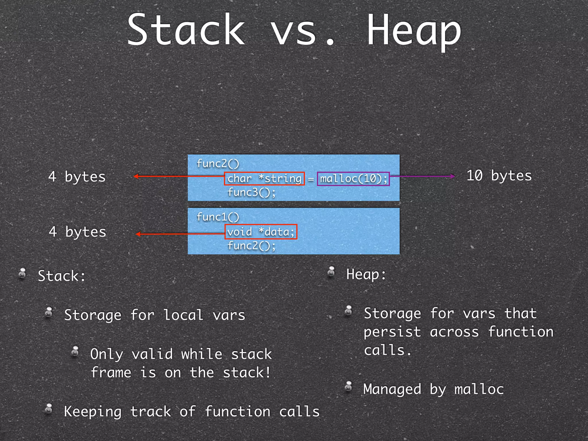 Stack vs. Heap


                     func2()
 4 bytes                  char *string = malloc(10);       10 bytes
                          func3();

                     func1()
 4 bytes                  void *data;
                          func2();


Stack:                                       Heap:

   Storage for local vars                      Storage for vars that
                                               persist across function
         Only valid while stack                calls.
         frame is on the stack!
                                               Managed by malloc
   Keeping track of function calls
 