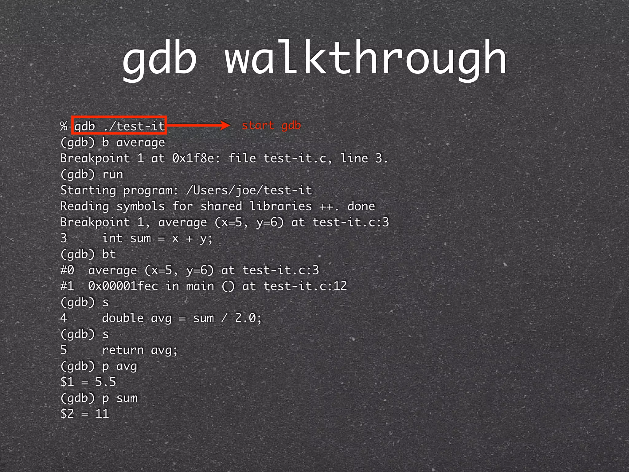 gdb walkthrough
% gdb ./test-it           start gdb
(gdb) b average
Breakpoint 1 at 0x1f8e: file test-it.c, line 3.
(gdb) run
Starting program: /Users/joe/test-it
Reading symbols for shared libraries ++. done
Breakpoint 1, average (x=5, y=6) at test-it.c:3
3	    int sum = x + y;
(gdb) bt
#0 average (x=5, y=6) at test-it.c:3
#1 0x00001fec in main () at test-it.c:12
(gdb) s
4	    double avg = sum / 2.0;
(gdb) s
5	    return avg;
(gdb) p avg
$1 = 5.5
(gdb) p sum
$2 = 11
 