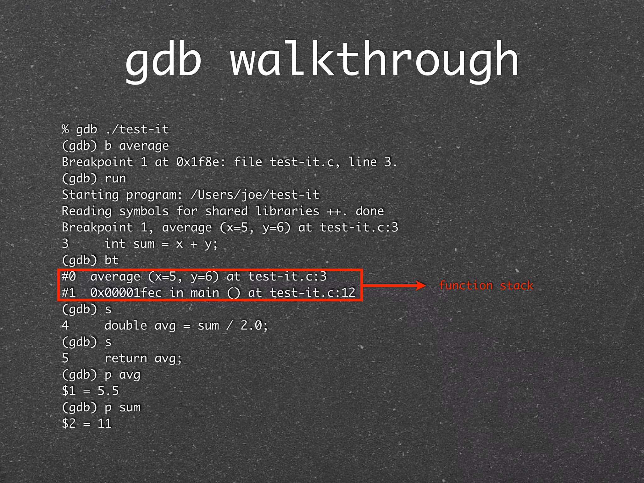 gdb walkthrough
% gdb ./test-it
(gdb) b average
Breakpoint 1 at 0x1f8e: file test-it.c, line 3.
(gdb) run
Starting program: /Users/joe/test-it
Reading symbols for shared libraries ++. done
Breakpoint 1, average (x=5, y=6) at test-it.c:3
3	    int sum = x + y;
(gdb) bt
#0 average (x=5, y=6) at test-it.c:3
                                                  function stack
#1 0x00001fec in main () at test-it.c:12
(gdb) s
4	    double avg = sum / 2.0;
(gdb) s
5	    return avg;
(gdb) p avg
$1 = 5.5
(gdb) p sum
$2 = 11
 