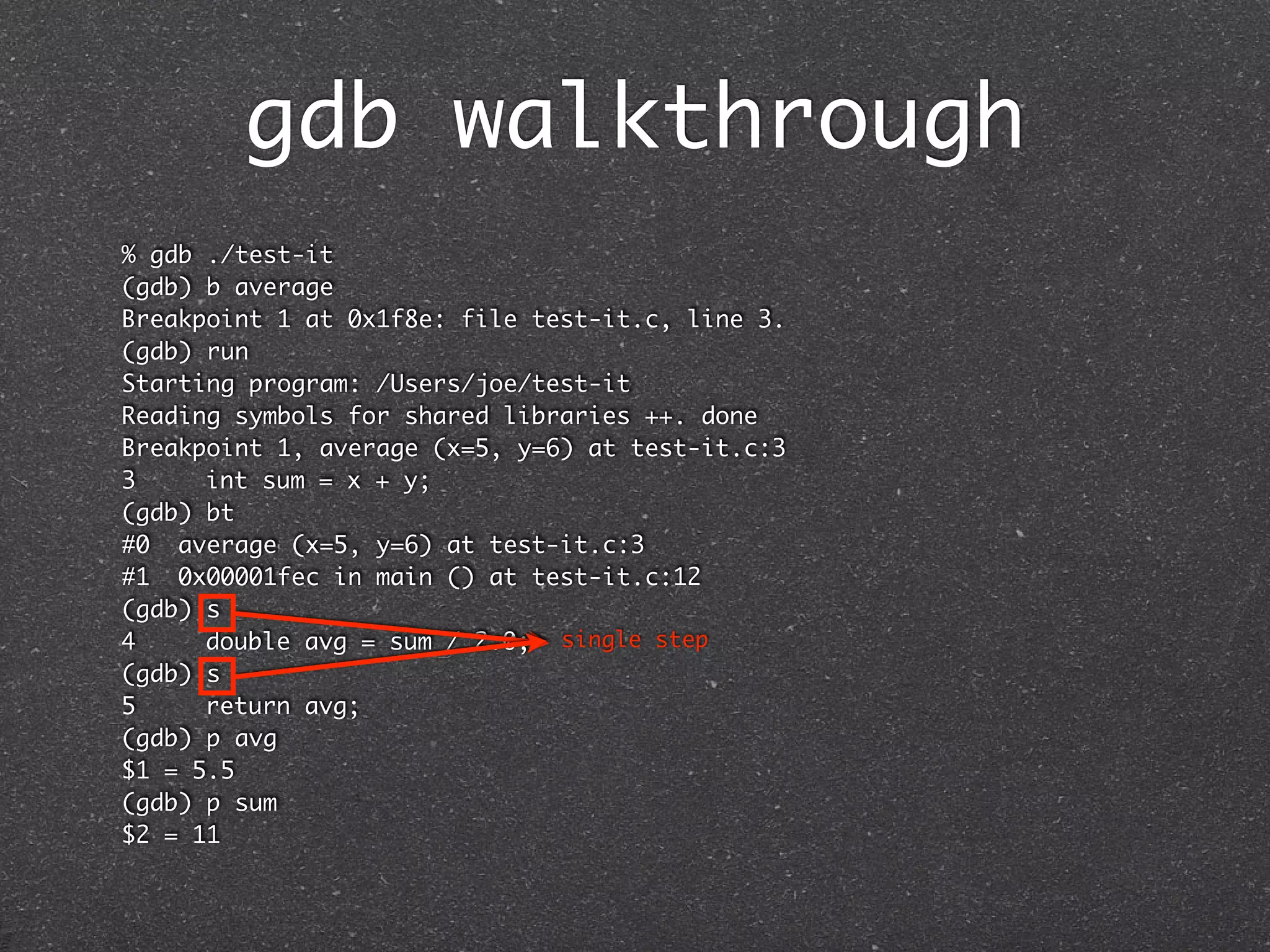 gdb walkthrough
% gdb ./test-it
(gdb) b average
Breakpoint 1 at 0x1f8e: file test-it.c, line 3.
(gdb) run
Starting program: /Users/joe/test-it
Reading symbols for shared libraries ++. done
Breakpoint 1, average (x=5, y=6) at test-it.c:3
3	    int sum = x + y;
(gdb) bt
#0 average (x=5, y=6) at test-it.c:3
#1 0x00001fec in main () at test-it.c:12
(gdb) s
4	    double avg = sum / 2.0; single step
(gdb) s
5	    return avg;
(gdb) p avg
$1 = 5.5
(gdb) p sum
$2 = 11
 