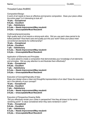 Name:______________________________________________ CLASS:______
Threaded Cubes RUBRIC
Composition/Design
A work of art needs to have an effective and dynamic composition. Does your piece utilize
the entire page? Is it interesting to look at?
10 pts. – Exceptional
9-8 pts. - Excellent
7 pts. – Satisfactory
6-3 pts. – Needs Improvement/May resubmit
2-0 pts. – Unacceptable/Must Resubmit
Craftmanship/workmanship
High quality work of art require a strong work ethic. Did you use each class period to its
fullest potential? Was there care and quality put into your work? Does your piece meet
conventional standards for craftsmanship?
10 pts. – Exceptional
9-8 pts. - Excellent
7 pts. – Satisfactory
6-3 pts. – Needs Improvement/May resubmit
2-0 pts. – Unacceptable/Must Resubmit
Application of Elements and Principles
You were asked to create a composition that demonstrates your knowledge of art elements
and principles. Did you pay attention to and illustrate them effectively?
10 pts. – Exceptional
9-8 pts. - Excellent
7 pts. – Satisfactory
6-3 pts. – Needs Improvement/May resubmit
2-0 pts. – Unacceptable/Must Resubmit
Execution of Concept/Originality of Idea
Does your design show a clear and thoughtful representation of an idea? Does the execution
aid in the delivery of your concept?
10 pts. – Exceptional
9-8 pts. - Excellent
7 pts. – Satisfactory
6-3 pts. – Needs Improvement/May resubmit
2-0 pts. – Unacceptable/Must Resubmit
Execution of Perspective Drawing Skills
Did you effectively render your cubes in perspective? Are they all drawn to the same
vanishing point? Is value considered when they were rendered in color?
10 pts. – Exceptional
9-8 pts. - Excellent
7 pts. – Satisfactory
6-3 pts. – Needs Improvement/May resubmit
2-0 pts. – Unacceptable/Must Resubmit
 