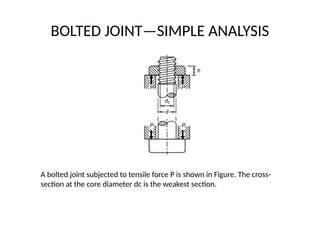 BOLTED JOINT—SIMPLE ANALYSIS
A bolted joint subjected to tensile force P is shown in Figure. The cross-
section at the core diameter dc is the weakest section.
 