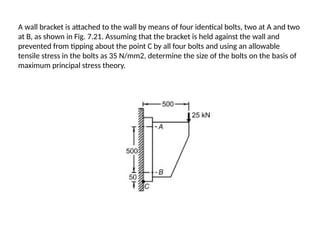 A wall bracket is attached to the wall by means of four identical bolts, two at A and two
at B, as shown in Fig. 7.21. Assuming that the bracket is held against the wall and
prevented from tipping about the point C by all four bolts and using an allowable
tensile stress in the bolts as 35 N/mm2, determine the size of the bolts on the basis of
maximum principal stress theory.
 