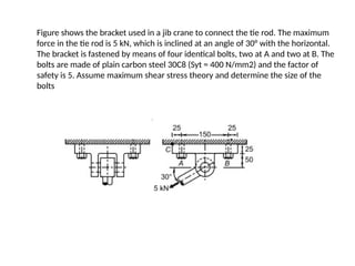 Figure shows the bracket used in a jib crane to connect the tie rod. The maximum
force in the tie rod is 5 kN, which is inclined at an angle of 30° with the horizontal.
The bracket is fastened by means of four identical bolts, two at A and two at B. The
bolts are made of plain carbon steel 30C8 (Syt = 400 N/mm2) and the factor of
safety is 5. Assume maximum shear stress theory and determine the size of the
bolts
 