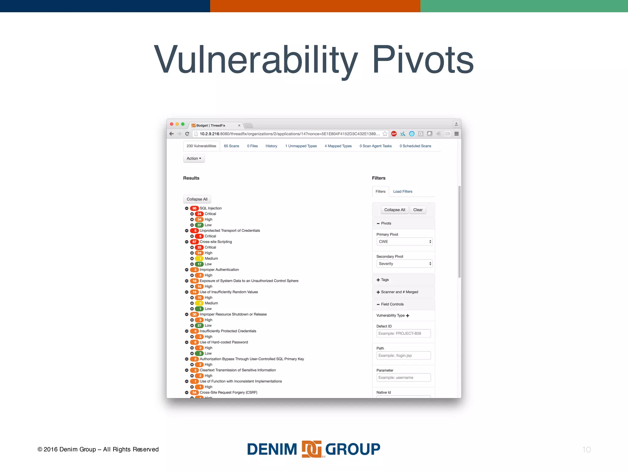© 2016 Denim Group – All Rights Reserved
Vulnerability Pivots
10
 