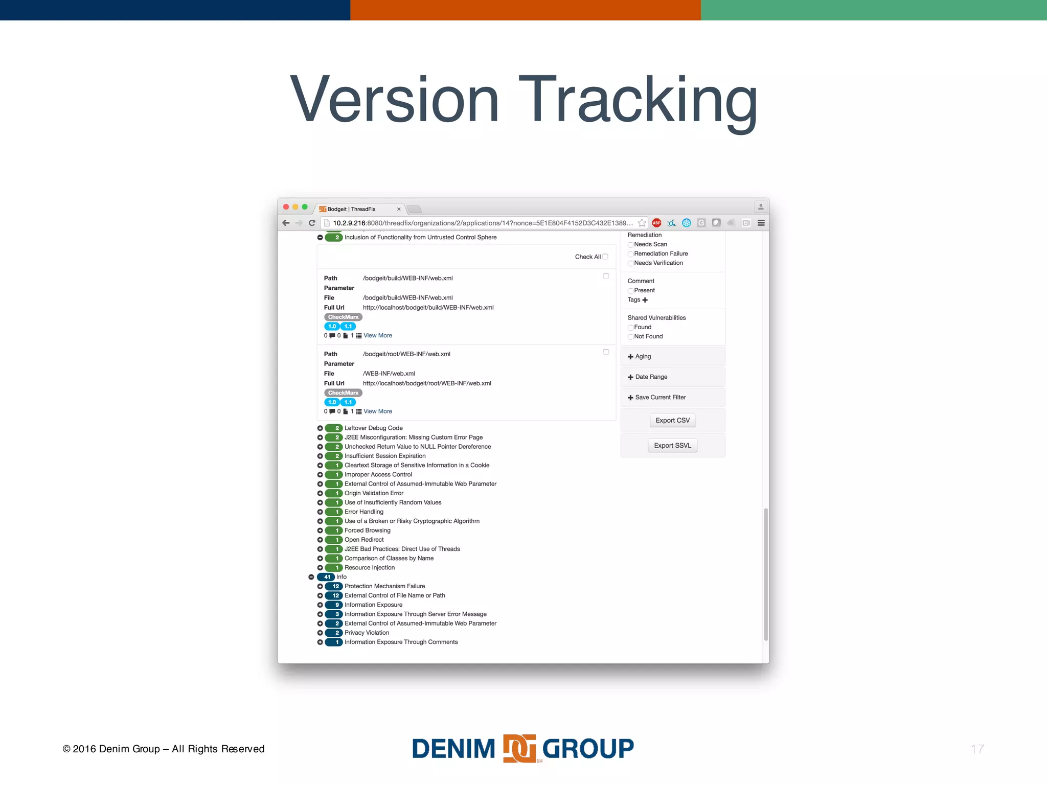 © 2016 Denim Group – All Rights Reserved
Version Tracking
17
 