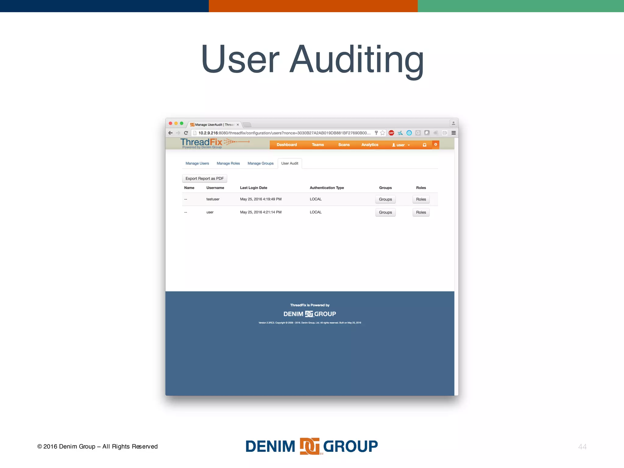 © 2016 Denim Group – All Rights Reserved
User Auditing
44
 