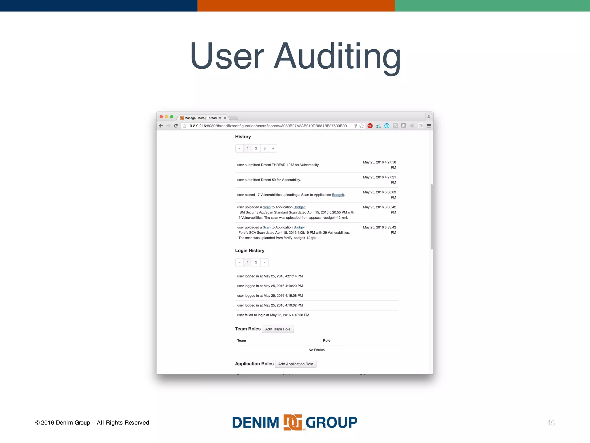 © 2016 Denim Group – All Rights Reserved
User Auditing
45
 