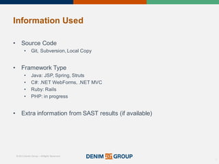 © 2015 Denim Group – All Rights Reserved
Information%Used
• Source'Code
• Git,'Subversion,'Local'Copy
• Framework'Type'
• Java:'JSP,'Spring,'Struts
• C#:'.NET'WebForms,'.NET'MVC
• Ruby:'Rails
• PHP:'in'progress
• Extra'information'from'SAST'results'(if'available)
19
 