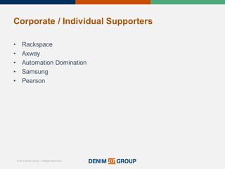 © 2015 Denim Group – All Rights Reserved
Corporate%/%Individual%Supporters
• Rackspace
• Axway
• Automation'Domination
• Samsung
• Pearson
 