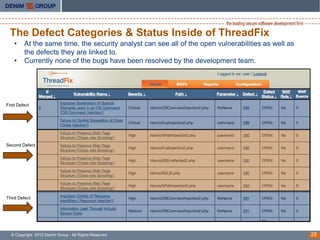 The Defect Categories & Status Inside of ThreadFix
    •    At the same time, the security analyst can see all of the open vulnerabilities as well as
         the defects they are linked to.
    •    Currently none of the bugs have been resolved by the development team.




First Defect




Second Defect




Third Defect




  © Copyright 2012 Denim Group - All Rights Reserved                                                 25
 