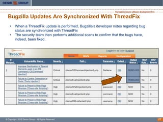 Bugzilla Updates Are Synchronized With ThreadFix
    •    When a ThreadFix update is performed, Bugzilla’s developer notes regarding bug
         status are synchronized with ThreadFix
    •    The security team then performs additional scans to confirm that the bugs have,
         indeed, been fixed.




© Copyright 2012 Denim Group - All Rights Reserved                                         27
 