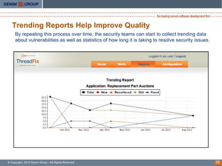 Trending Reports Help Improve Quality
     By repeating this process over time, the security teams can start to collect trending data
     about vulnerabilities as well as statistics of how long it is taking to resolve security issues.




© Copyright 2012 Denim Group - All Rights Reserved                                                      28
 