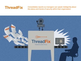ThreadFix                                        Consolidates reports so managers can speak intelligently about
                                                     the status and trends of security within their organization




© Copyright 2012 Denim Group - All Rights Reserved                                                                    7
 