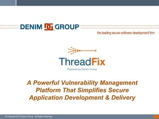 A Powerful Vulnerability Management
                          Platform That Simplifies Secure
                       Application Development & Delivery

© Copyright 2012 Denim Group - -All Rights Reserved
© Copyright 2012 Denim Group All Rights Reserved
 