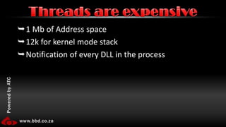 1 Mb of Address space12k for kernel mode stackNotification of every DLL in the processThreads are expensive