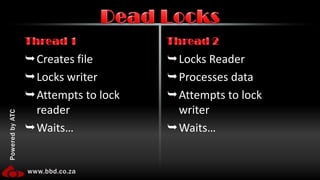 Creates fileLocks writerAttempts to lock readerWaits…Locks ReaderProcesses dataAttempts to lock writerWaits…Thread 1Thread 2Dead Locks
