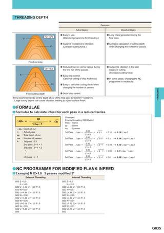 THREADING DEPTH

                                                                                         Features

                                                               Advantages                                    Disadvantages

                                              a Easy to use.                                  a Long chips generated during the
                                                (Standard programme for threading.)             ﬁnal pass.

                                              a Superior resistance to vibration.             a Complex calculation of cutting depth
                                                (Constant cutting force.)                       when changing the number of passes.




                   Fixed cut area

                                              a Reduced load on corner radius during          a Subject to vibration in the later
                                                the ﬁrst half of the passes.                    stages of cutting.
                                                                                                (Increased cutting force)
                                              a Easy chip control.
                                                (Optional setting of chip thickness)          a In some cases, changing the NC
                                                                                                programme is necessary.
                                              a Easy to calculate cutting depth when
                                                changing the number of passes.




                                                                                                                                         THREADING
                Fixed cutting depth           a Good chip control.

                                                        pass 0.05mm ─ 0.025mm.
* Large cutting depths can the depth of cut of the ﬁnal a poortosurface ﬁnish.
  It is recommended to set
                           cause vibration, leading to


a FORMULAE
y Formulae to calculate infeed for each pass in a reduced series.
                                                  (Example)
                            ap                    External threading (ISO Metric)
   ]apn        =                      ×   b       Pitch : 1.0mm
                         nap ─1
                                                  ap    : 0.6mm
    ]apn :    Depth of cut                        nap : 5 passes
          :   Actual pass                                                0.60
    n                                             1st Pass ]ap1 =                 ×    0.3   = 0.16      0.16 (]ap1)
    ap    :   Total depth of cut                                         5─1
          :   Number of passes                                           0.60
    nap                                           2st Pass ]ap2 =                 ×    2─1   = 0.3       0.14 (]ap2 ─ ]ap1)
    b     :   1st pass 0.3                                               5─1
              2nd pass 2 ─ 1 = 1                                         0.60
                                                  3st Pass ]ap3 =                 ×    3─1   = 0.42      0.12 (]ap3 ─ ]ap2 )
              3rd pass 3 ─ 1 = 2                                         5─1
               •                                                         0.60
                                                  4st Pass ]ap4 =                 ×    4─1   = 0.52      0.1 (]ap4 ─ ]ap3)
               •                                                         5─1
              nth pass n ─ 1                                             0.60
                                                  5st Pass ]ap5 =                 ×    5─1   = 0.6       0.08 (]ap5 ─ ]ap4)
                                                                         5─1



a NC PROGRAMME FOR MODIFIED FLANK INFEED
y Example) M12×1.0 5 passes modiﬁed 5°
               External Threading                         Internal Threading
  G00 Z = 5.0                                  G00 Z = 5.0
      X = 14.0                                     X = 10.0
  G92 U ─ 4.34     Z ─ 13.0 F1.0               G92 U4.34 Z ─ 13.0 F1.0
  G00 W ─ 0.07                                 G00 W ─ 0.07
  G92 U ─ 4.64     Z ─ 13.0 F1.0               G92 U4.64 Z ─ 13.0 F1.0
  G00 W ─ 0.06                                 G00 W ─ 0.05
  G92 U ─ 4.88     Z ─ 13.0 F1.0               G92 U4.84 Z ─ 13.0 F1.0
  G00 W ─ 0.05                                 G00 W ─ 0.04
  G92 U ─ 5.08     Z ─ 13.0 F1.0               G92 U5.02 Z ─ 13.0 F1.0
  G00 W ─ 0.03                                 G00 W ─ 0.03
  G92 U ─ 5.20     Z ─ 13.0 F1.0               G92 U5.14 Z ─ 13.0 F1.0
  G00                                          G00




                                                                                                                                       G035
 