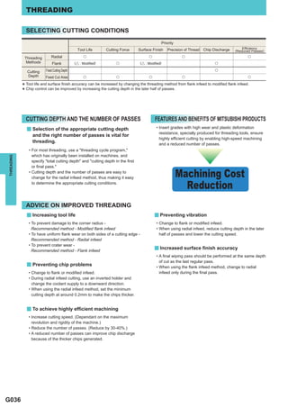 THREADING

                SELECTING CUTTING CONDITIONS
                                                                                               Priority
                                                                                                                                            Efﬁciency
                                                  Tool Life      Cutting Force    Surface Finish   Precision of Thread Chip Discharge   (Reduced Passes)

            Threading          Radial                 u                                 u                  u                                   u
             Methods            Flank            (] : Modiﬁed)        u            (] : Modiﬁed)                             u

                Cutting    Fixed Cutting Depth                                                                               u
                Depth      Fixed Cut Area             u               u                 u                  u                                   u


            *   Tool life and surface ﬁnish accuracy can be increased by changing the threading method from ﬂank infeed to modiﬁed ﬂank infeed.
            *   Chip control can be improved by increasing the cutting depth in the later half of passes.




                CUTTING DEPTH AND THE NUMBER OF PASSES                                      FEATURES AND BENEFITS OF MITSUBISHI PRODUCTS
                y Selection of the appropriate cutting depth                                • Insert grades with high wear and plastic deformation
                                                                                              resistance, specially produced for threading tools, ensure
                   and the right number of passes is vital for
                                                                                              highly efﬁcient cutting by enabling high-speed machining
                   threading.
                                                                                              and a reduced number of passes.
                 • For most threading, use a "threading cycle program,"
                   which has originally been installed on machines, and
THREADING




                   specify "total cutting depth" and "cutting depth in the ﬁrst
                   or ﬁnal pass."
                 • Cutting depth and the number of passes are easy to
                   change for the radial infeed method, thus making it easy                               Machining Cost
                   to determine the appropriate cutting conditions.
                                                                                                            Reduction
                ADVICE ON IMPROVED THREADING
                y Increasing tool life                                                      y Preventing vibration
                 • To prevent damage to the corner radius -                                 • Change to ﬂank or modiﬁed infeed.
                   Recommended method - Modiﬁed ﬂank infeed                                 • When using radial infeed, reduce cutting depth in the later
                 • To have uniform ﬂank wear on both sides of a cutting edge -                half of passes and lower the cutting speed.
                   Recommended method - Radial infeed
                 • To prevent crater wear -
                   Recommended method - Flank infeed
                                                                                            y Increased surface ﬁnish accuracy
                                                                                            • A ﬁnal wiping pass should be performed at the same depth
                                                                                              of cut as the last regular pass.
                y Preventing chip problems                                                  • When using the ﬂank infeed method, change to radial
                 • Change to ﬂank or modiﬁed infeed.                                          infeed only during the ﬁnal pass.
                 • During radial infeed cutting, use an inverted holder and
                   change the coolant supply to a downward direction.
                 • When using the radial infeed method, set the minimum
                   cutting depth at around 0.2mm to make the chips thicker.


                y To achieve highly efﬁcient machining
                 • Increase cutting speed. (Dependant on the maximum
                   revolution and rigidity of the machine.)
                 • Reduce the number of passes. (Reduce by 30-40%.)
                 • A reduced number of passes can improve chip discharge
                   because of the thicker chips generated.




G036
 