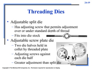 24-19
Threading Dies
• Adjustable split die
– Has adjusting screw that permits adjustment
over or under standard depth of thread
– Fits into die stock
Copyright © The McGraw-Hill Companies, Inc. Permission required for reproduction or display.
• Adjustable screw plate die
– Two die halves held in
collet by threaded plate
– Adjusting screws against
each die half
– Greater adjustment than split die
 