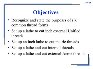 55-23
Objectives
• Recognize and state the purposes of six
common thread forms
• Set up a lathe to cut inch external Unified
threads
• Set up an inch lathe to cut metric threads
• Set up a lathe and cut internal threads
• Set up a lathe and cut external Acme threads
 