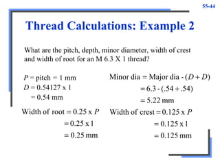 55-44
Thread Calculations: Example 2
P = pitch = 1 mm
D = 0.54127 x 1
= 0.54 mm
What are the pitch, depth, minor diameter, width of crest
and width of root for an M 6.3 X 1 thread?
mm125.0
1x125.0
x.1250crestofWidth
mm22.5
.54)(.54-6.3
)(-diaMajordiaMinor
=
=
=
=
+=
+=
P
DD
mm25.0
1x0.25
x25.0rootofWidth
=
=
= P
 