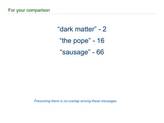 For your comparison “ dark matter” - 2 “ the pope” - 16 “ sausage” - 66 Presuming there is no overlap among these messages 
