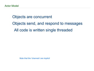 CSP – Stackless – Primes import stackless def generate(ch): for i in range(2, 1000): ch.send(i) def pfilter(chin, chout, p): for i in chin: if i % p != 0: chout.send(i) def primes(chin): while 1: prime = chin.receive() print prime chout = stackless.channel() stackless.tasklet(pfilter)(chin, chout, prime) chin = chout c = stackless.channel() stackless.tasklet(generate)(c) stackless.tasklet(primes)(c) stackless.run() 