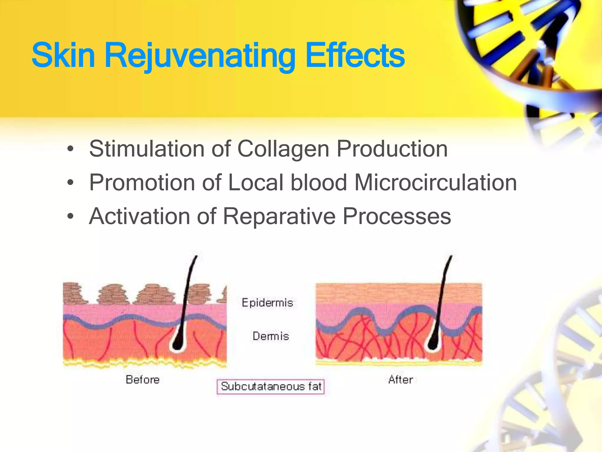 Skin Rejuvenating Effects
• Stimulation of Collagen Production
• Promotion of Local blood Microcirculation
• Activation of Reparative Processes
 
