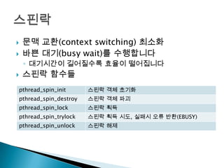    문맥 교환(context switching) 최소화
   바쁜 대기(busy wait)를 수행합니다
    ◦ 대기시간이 길어질수록 효율이 떨어집니다
   스핀락 함수들
pthread_spin_init      스핀락 객체 초기화
pthread_spin_destroy   스핀락 객체 파괴
pthread_spin_lock      스핀락 획득
pthread_spin_trylock   스핀락 획득 시도, 실패시 오류 반환(EBUSY)
pthread_spin_unlock    스핀락 해제
 